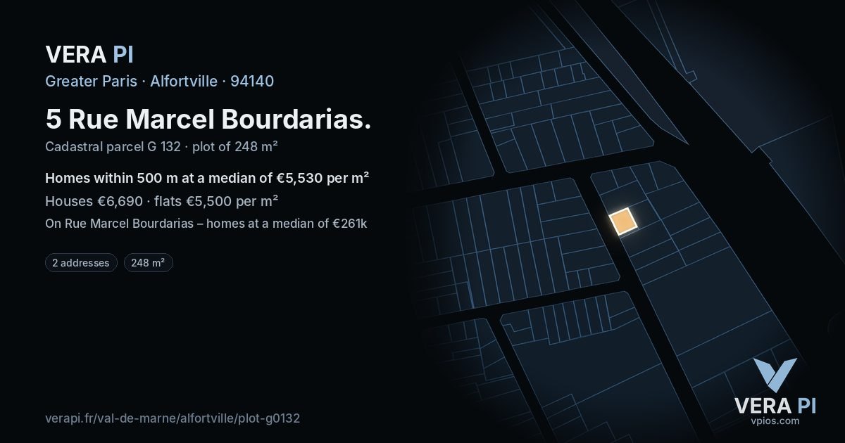 5 Rue Marcel Bourdarias, Alfortville at night – the plot lit, the parcels around coloured by the prices near them