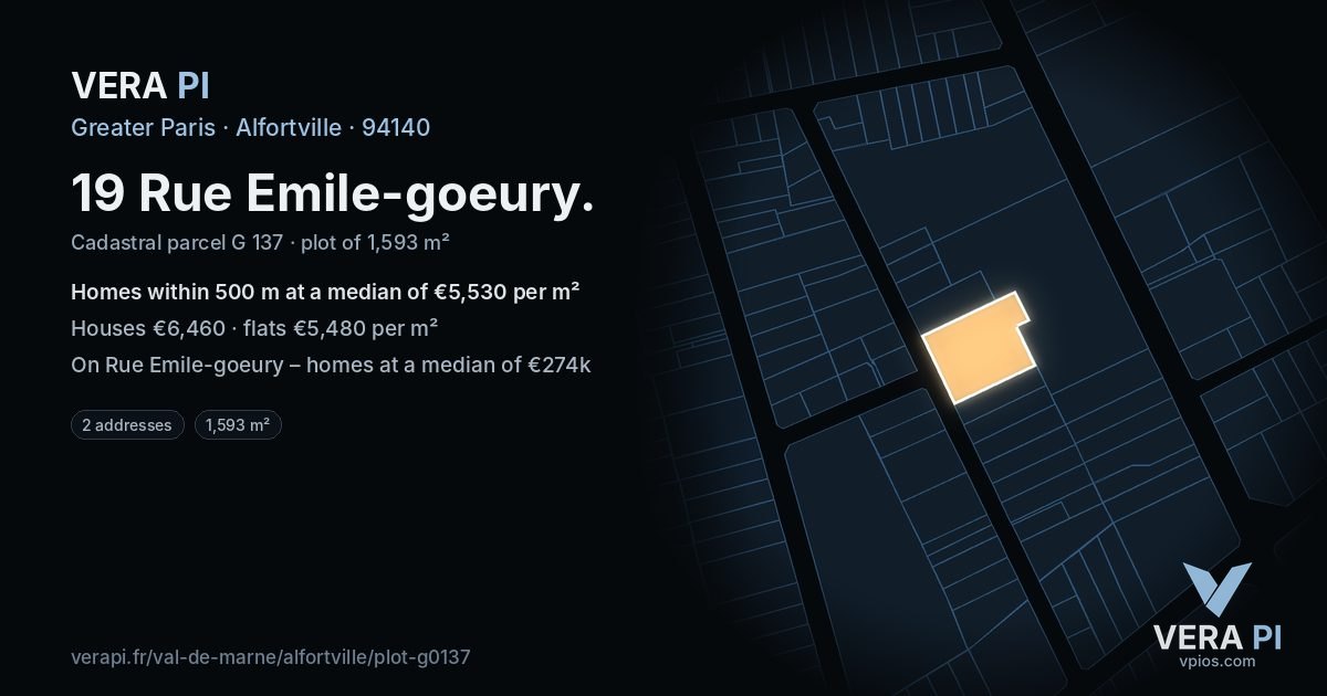 19 Rue Emile-goeury, Alfortville at night – the plot lit, the parcels around coloured by the prices near them