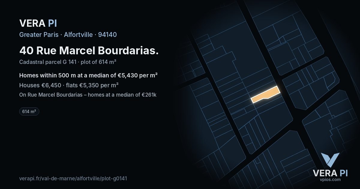 40 Rue Marcel Bourdarias, Alfortville at night – the plot lit, the parcels around coloured by the prices near them