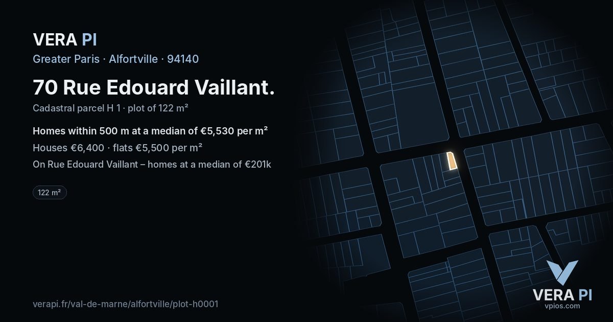 70 Rue Edouard Vaillant, Alfortville at night – the plot lit, the parcels around coloured by the prices near them