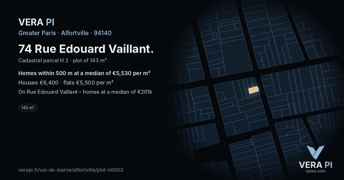 74 Rue Edouard Vaillant, Alfortville at night – the plot lit, the parcels around coloured by the prices near them