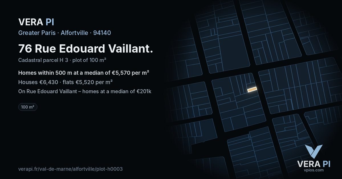 76 Rue Edouard Vaillant, Alfortville at night – the plot lit, the parcels around coloured by the prices near them