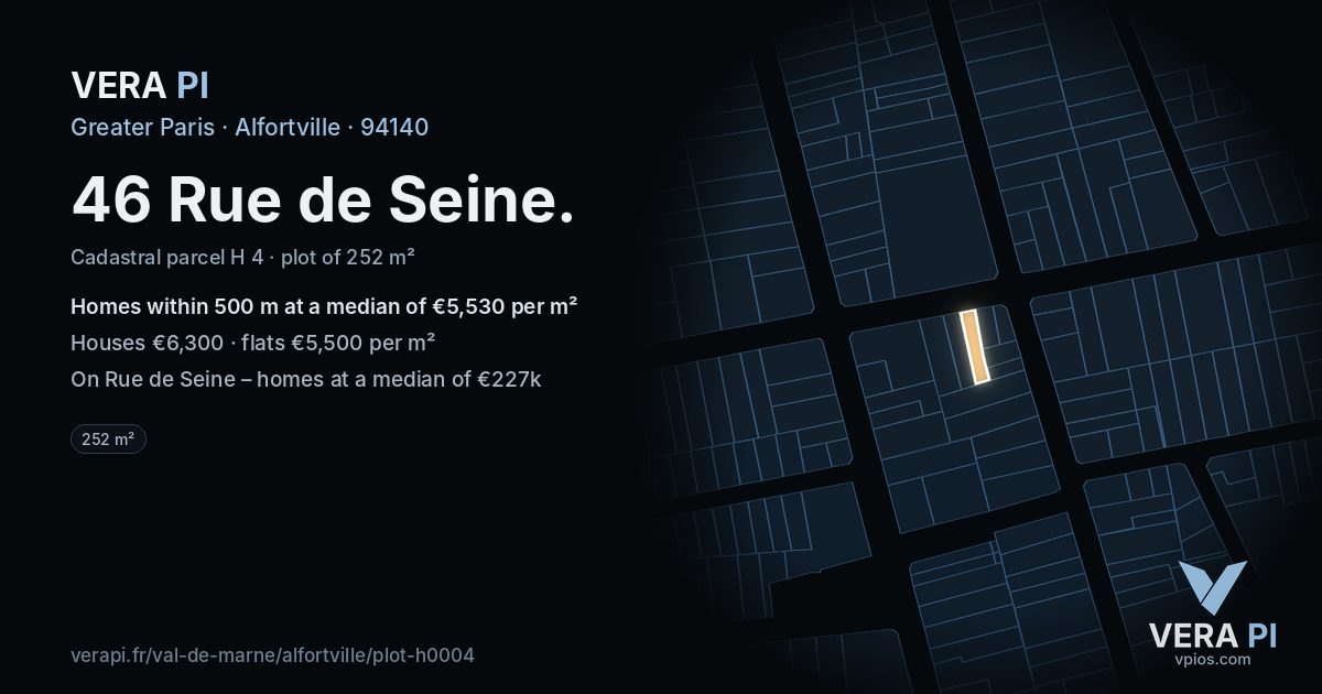 46 Rue de Seine, Alfortville at night – the plot lit, the parcels around coloured by the prices near them