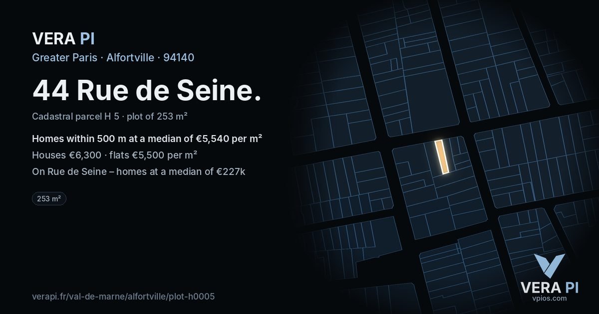 44 Rue de Seine, Alfortville at night – the plot lit, the parcels around coloured by the prices near them