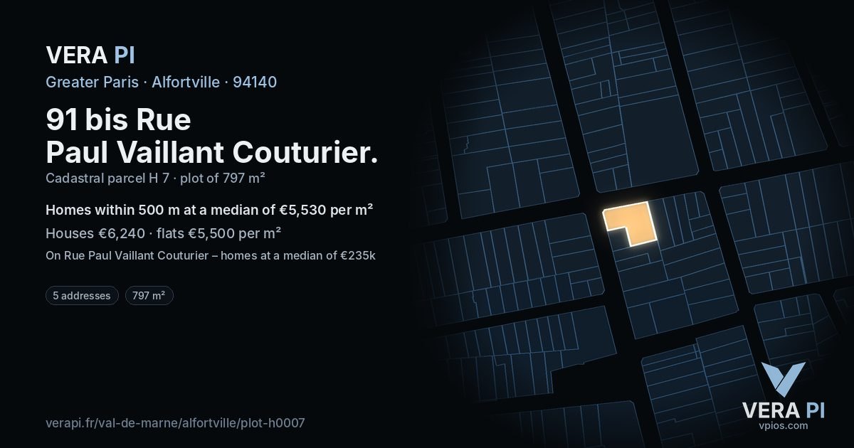 91 bis Rue Paul Vaillant Couturier, Alfortville at night – the plot lit, the parcels around coloured by the prices near them