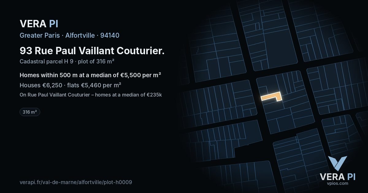 93 Rue Paul Vaillant Couturier, Alfortville at night – the plot lit, the parcels around coloured by the prices near them