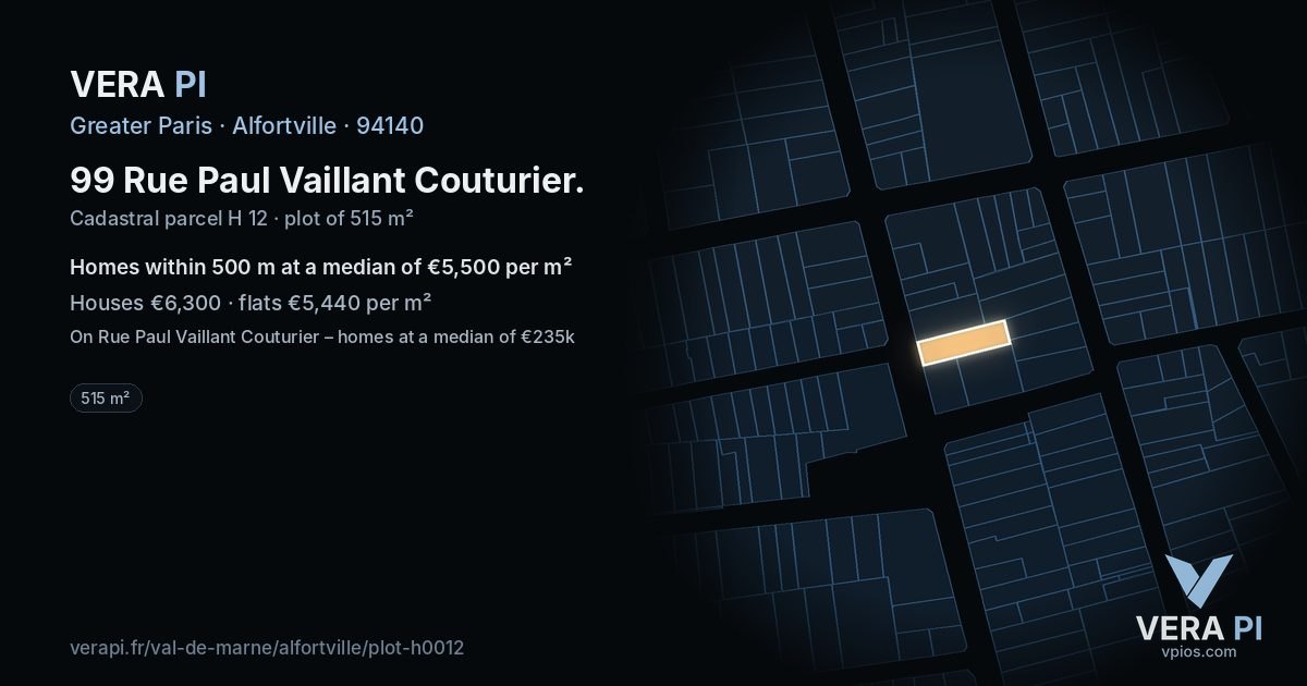 99 Rue Paul Vaillant Couturier, Alfortville at night – the plot lit, the parcels around coloured by the prices near them