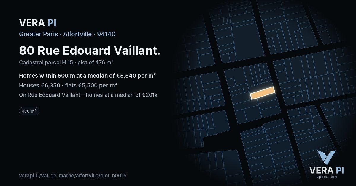80 Rue Edouard Vaillant, Alfortville at night – the plot lit, the parcels around coloured by the prices near them