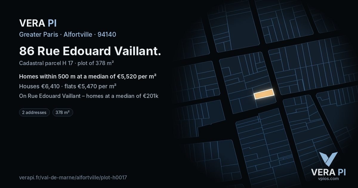 86 Rue Edouard Vaillant, Alfortville at night – the plot lit, the parcels around coloured by the prices near them