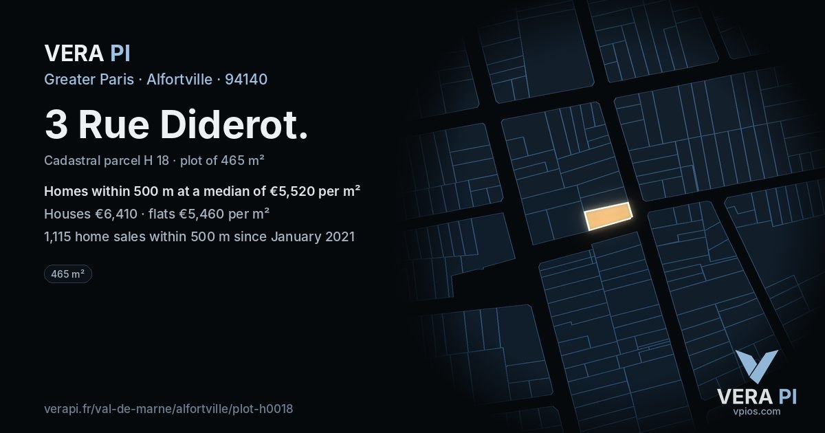 3 Rue Diderot, Alfortville at night – the plot lit, the parcels around coloured by the prices near them