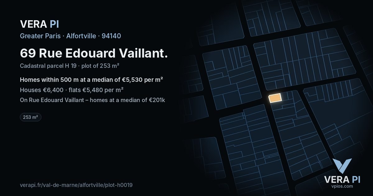 69 Rue Edouard Vaillant, Alfortville at night – the plot lit, the parcels around coloured by the prices near them