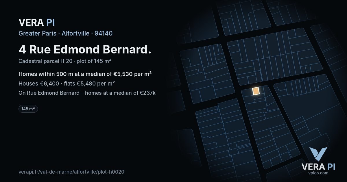 4 Rue Edmond Bernard, Alfortville at night – the plot lit, the parcels around coloured by the prices near them