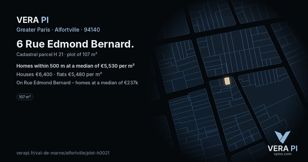 6 Rue Edmond Bernard, Alfortville at night – the plot lit, the parcels around coloured by the prices near them