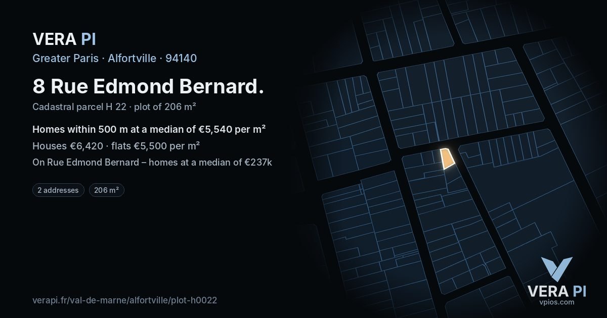 8 Rue Edmond Bernard, Alfortville at night – the plot lit, the parcels around coloured by the prices near them