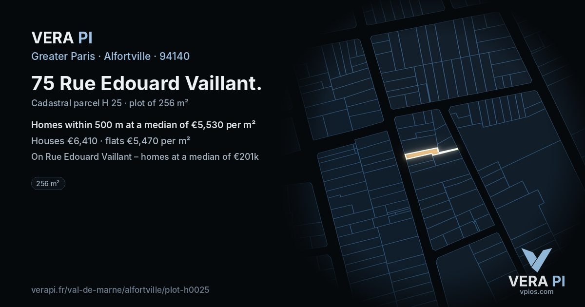 75 Rue Edouard Vaillant, Alfortville at night – the plot lit, the parcels around coloured by the prices near them