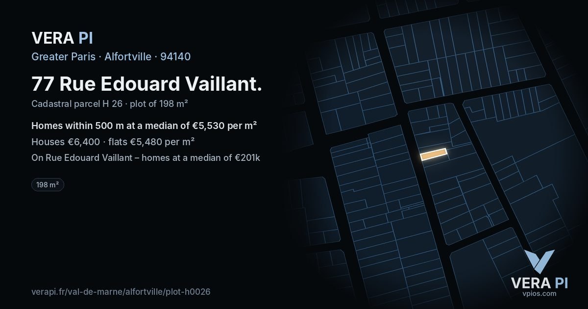 77 Rue Edouard Vaillant, Alfortville at night – the plot lit, the parcels around coloured by the prices near them