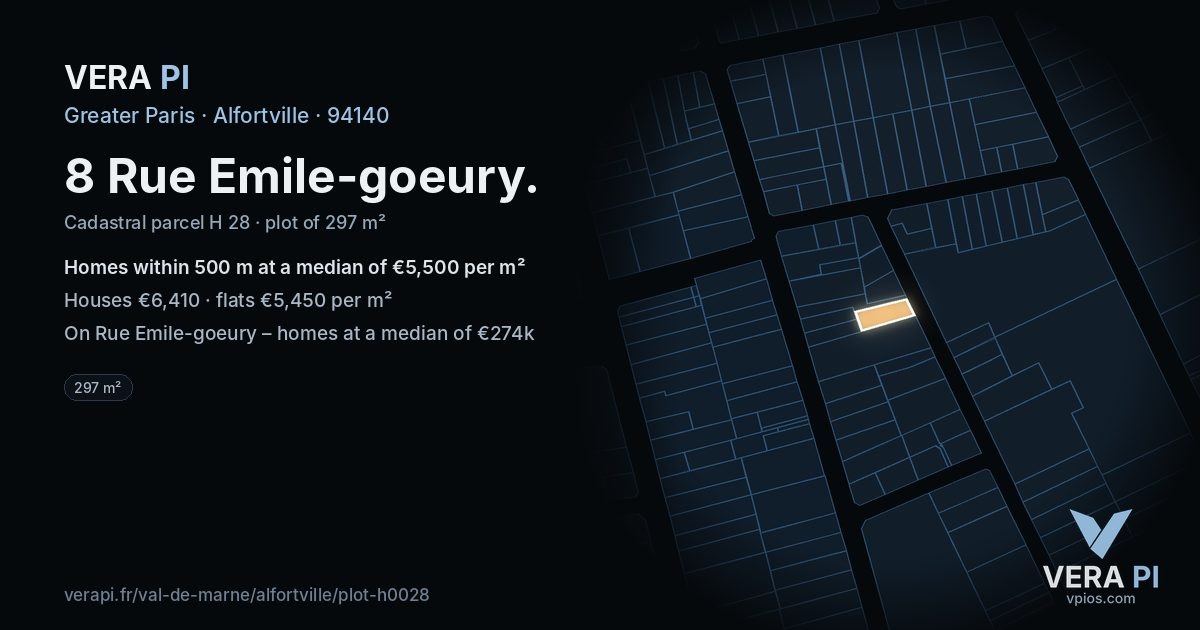 8 Rue Emile-goeury, Alfortville at night – the plot lit, the parcels around coloured by the prices near them