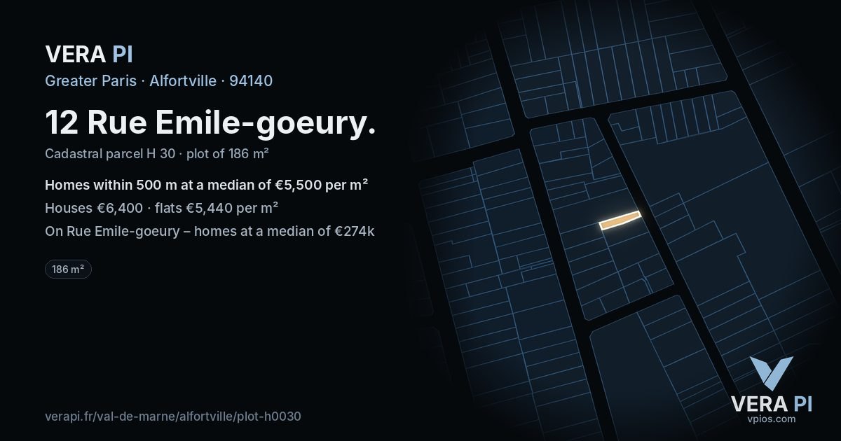 12 Rue Emile-goeury, Alfortville at night – the plot lit, the parcels around coloured by the prices near them