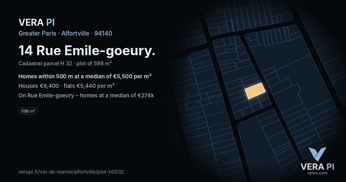 14 Rue Emile-goeury, Alfortville at night – the plot lit, the parcels around coloured by the prices near them
