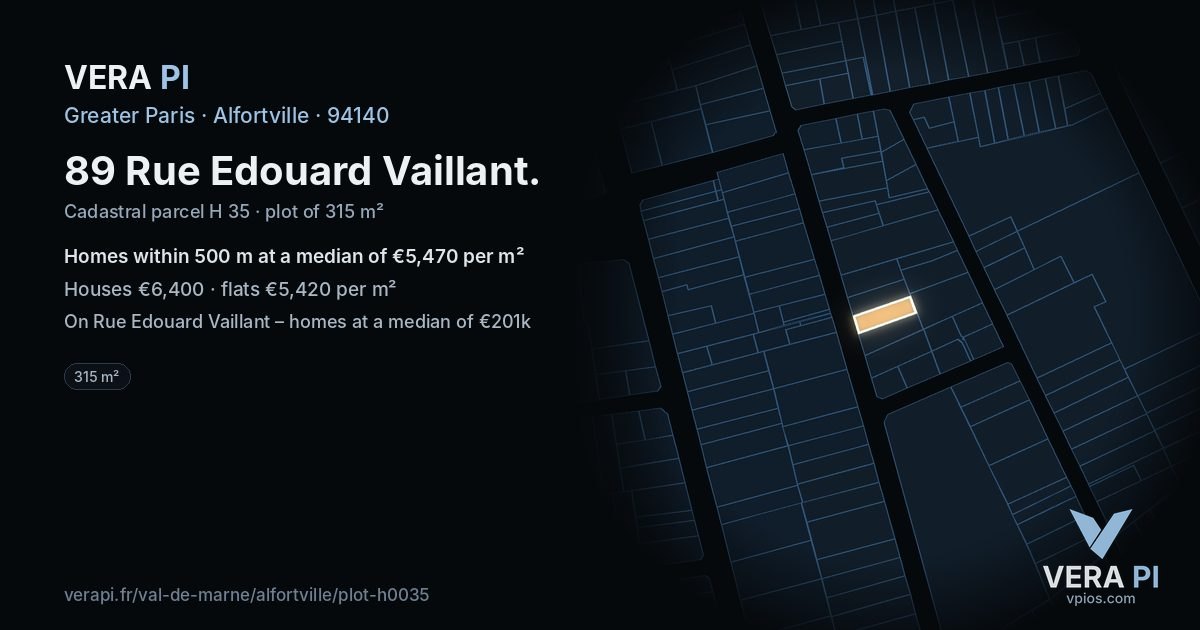 89 Rue Edouard Vaillant, Alfortville at night – the plot lit, the parcels around coloured by the prices near them