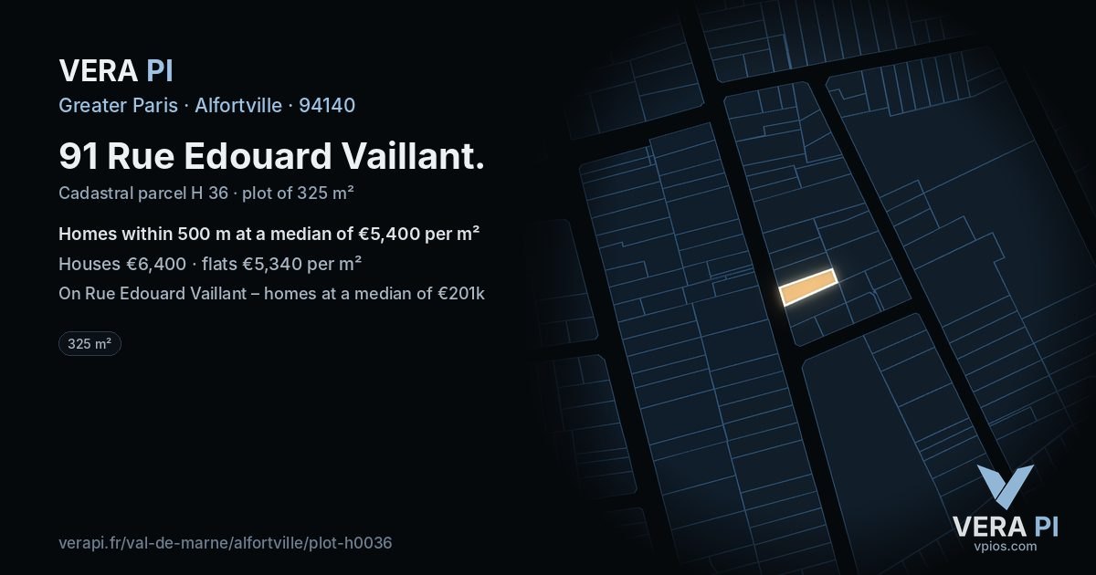 91 Rue Edouard Vaillant, Alfortville at night – the plot lit, the parcels around coloured by the prices near them