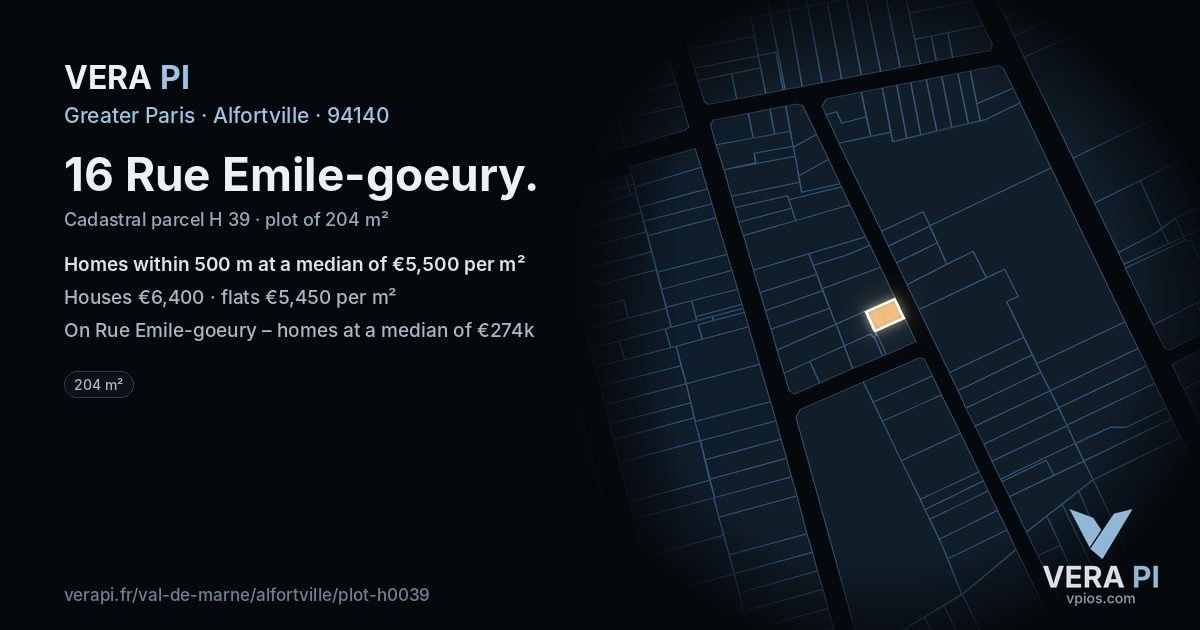 16 Rue Emile-goeury, Alfortville at night – the plot lit, the parcels around coloured by the prices near them
