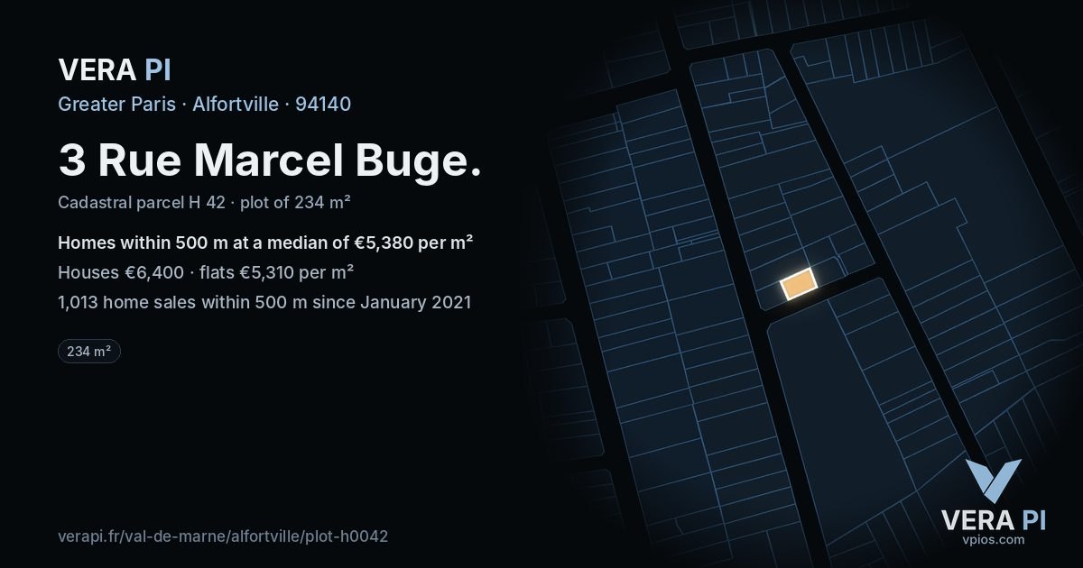 3 Rue Marcel Buge, Alfortville at night – the plot lit, the parcels around coloured by the prices near them
