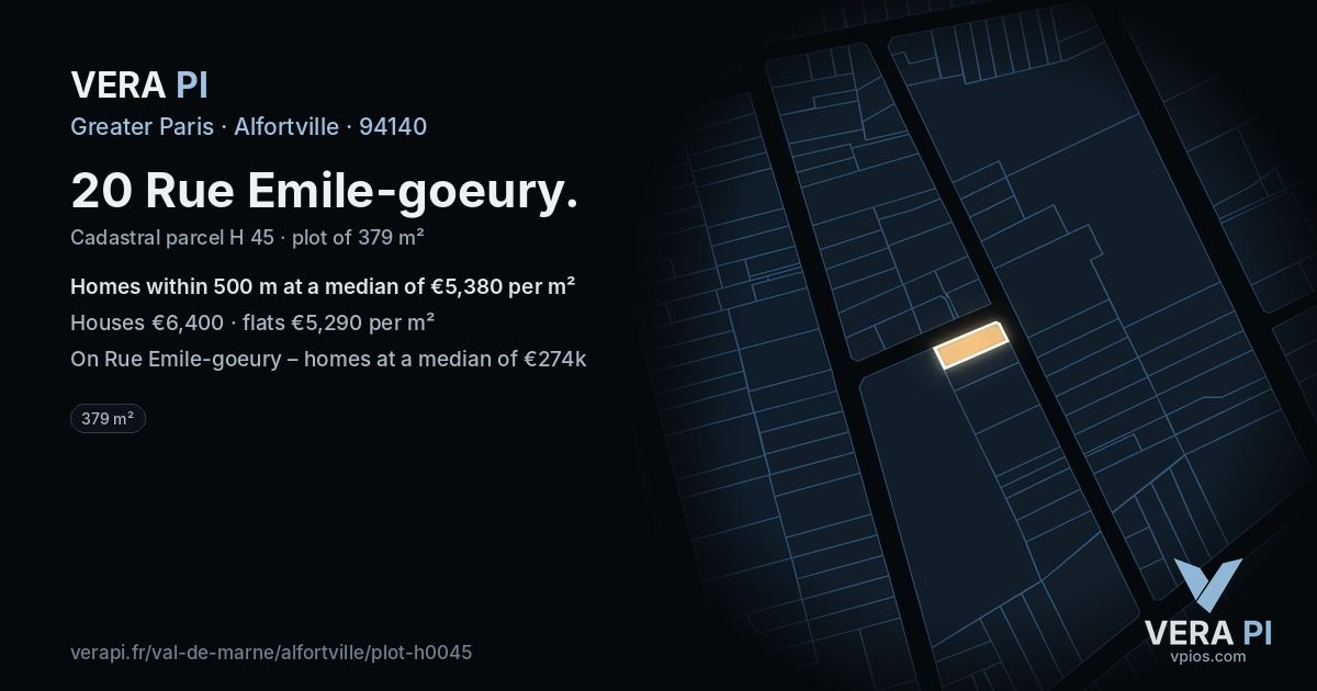 20 Rue Emile-goeury, Alfortville at night – the plot lit, the parcels around coloured by the prices near them