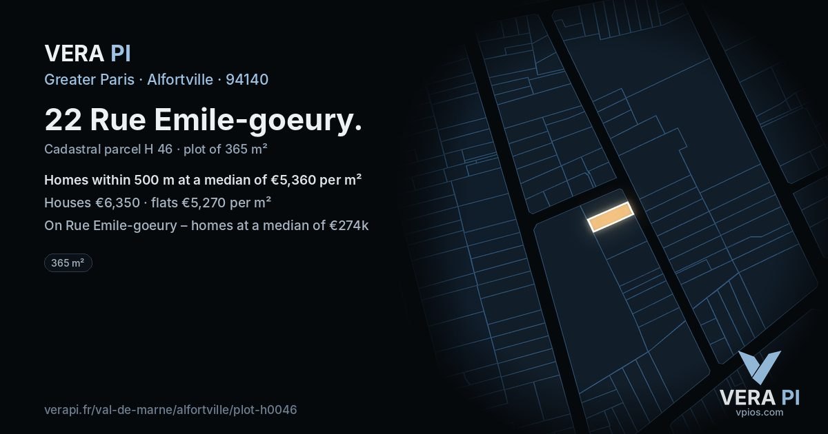 22 Rue Emile-goeury, Alfortville at night – the plot lit, the parcels around coloured by the prices near them