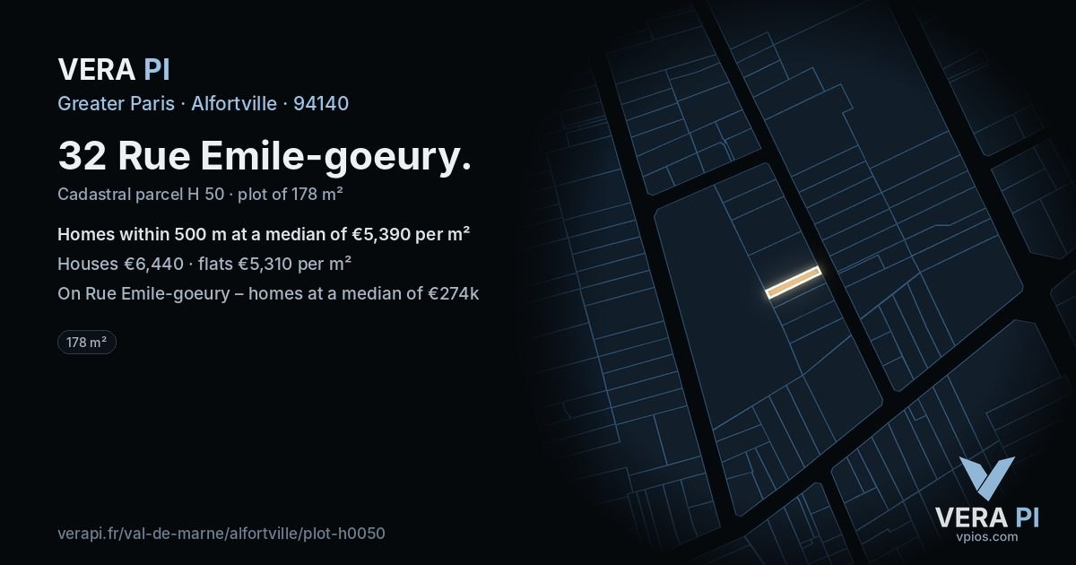32 Rue Emile-goeury, Alfortville at night – the plot lit, the parcels around coloured by the prices near them
