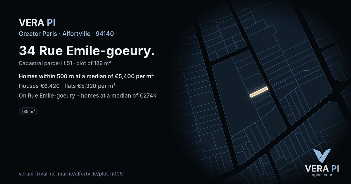 34 Rue Emile-goeury, Alfortville at night – the plot lit, the parcels around coloured by the prices near them