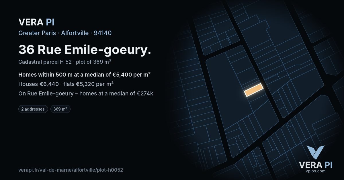 36 Rue Emile-goeury, Alfortville at night – the plot lit, the parcels around coloured by the prices near them