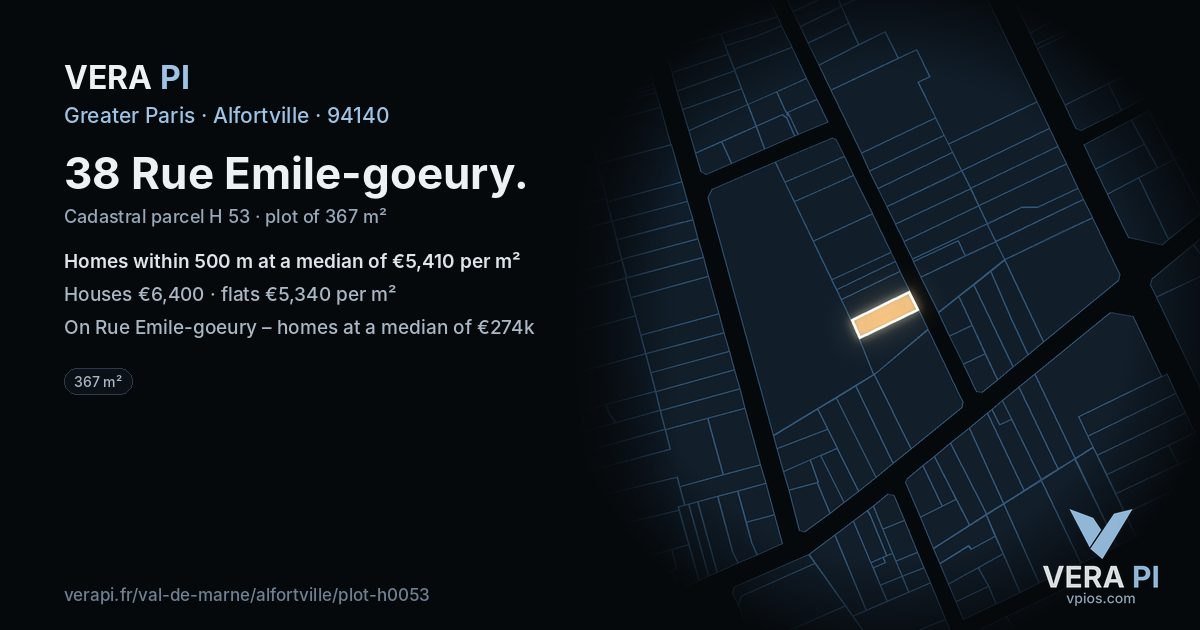 38 Rue Emile-goeury, Alfortville at night – the plot lit, the parcels around coloured by the prices near them