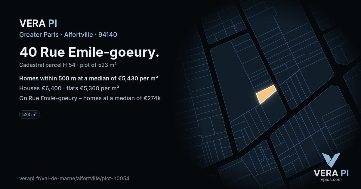 40 Rue Emile-goeury, Alfortville at night – the plot lit, the parcels around coloured by the prices near them