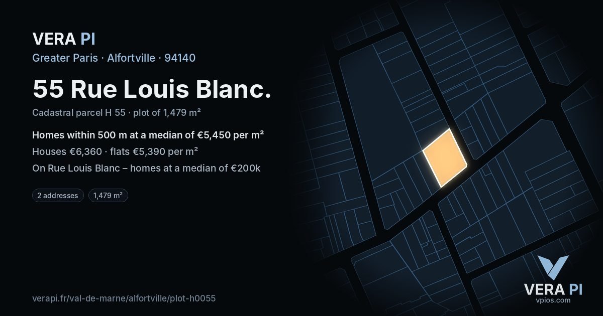 55 Rue Louis Blanc, Alfortville at night – the plot lit, the parcels around coloured by the prices near them
