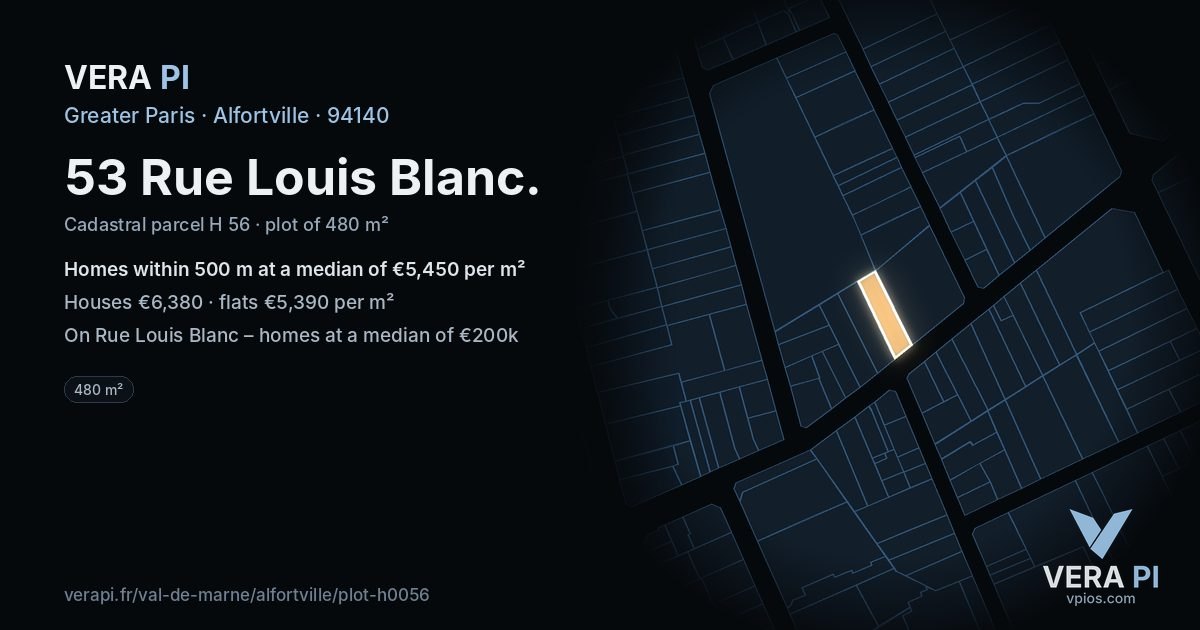 53 Rue Louis Blanc, Alfortville at night – the plot lit, the parcels around coloured by the prices near them
