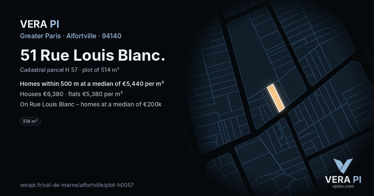 51 Rue Louis Blanc, Alfortville at night – the plot lit, the parcels around coloured by the prices near them