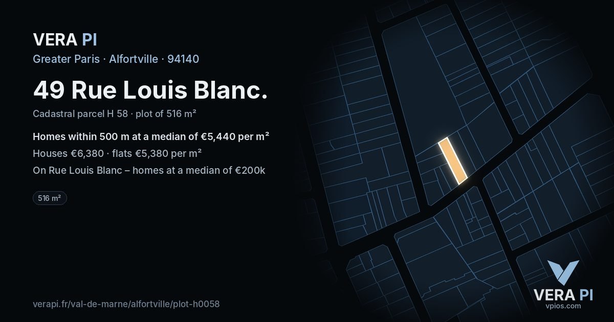 49 Rue Louis Blanc, Alfortville at night – the plot lit, the parcels around coloured by the prices near them