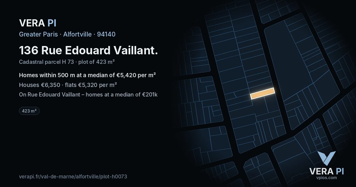 136 Rue Edouard Vaillant, Alfortville at night – the plot lit, the parcels around coloured by the prices near them