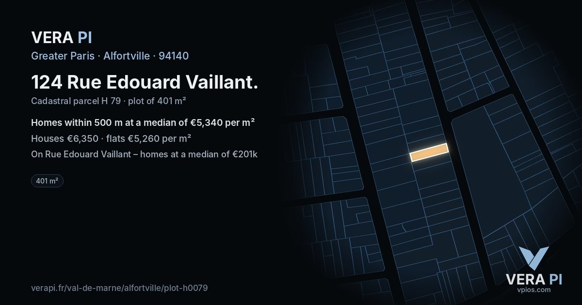 124 Rue Edouard Vaillant, Alfortville at night – the plot lit, the parcels around coloured by the prices near them