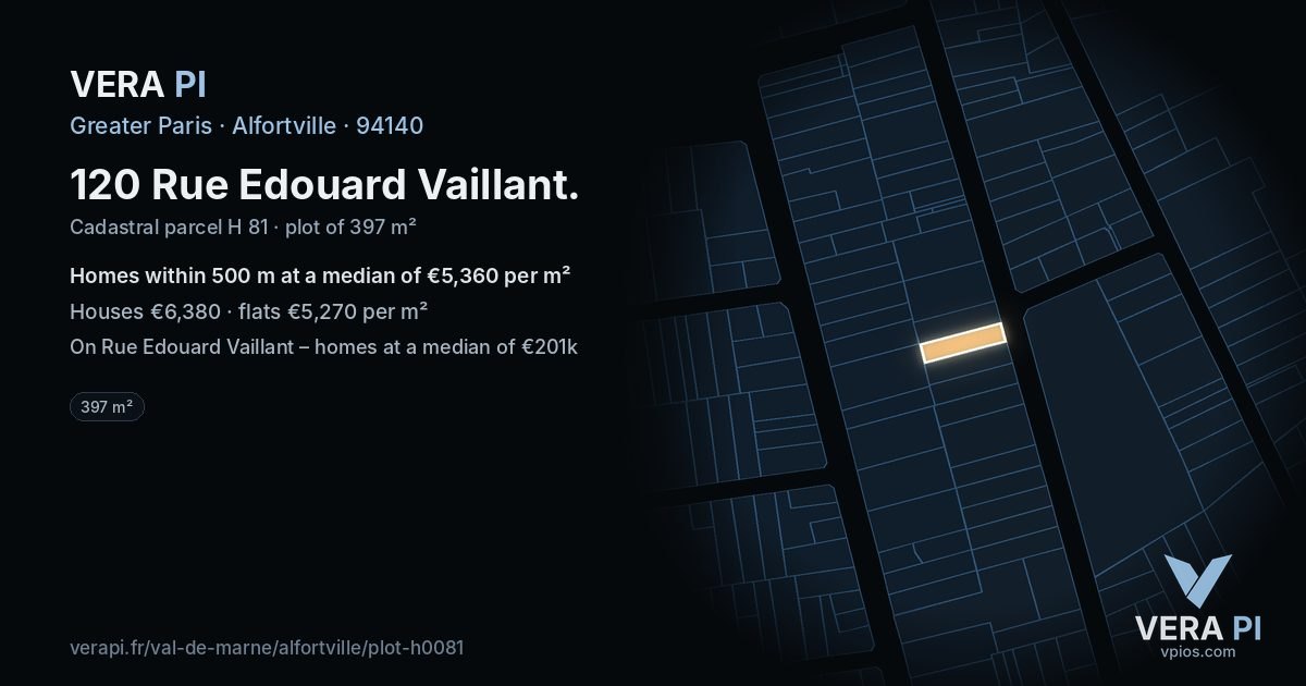 120 Rue Edouard Vaillant, Alfortville at night – the plot lit, the parcels around coloured by the prices near them