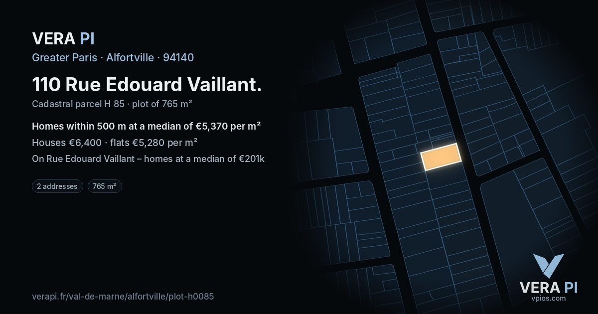 110 Rue Edouard Vaillant, Alfortville at night – the plot lit, the parcels around coloured by the prices near them