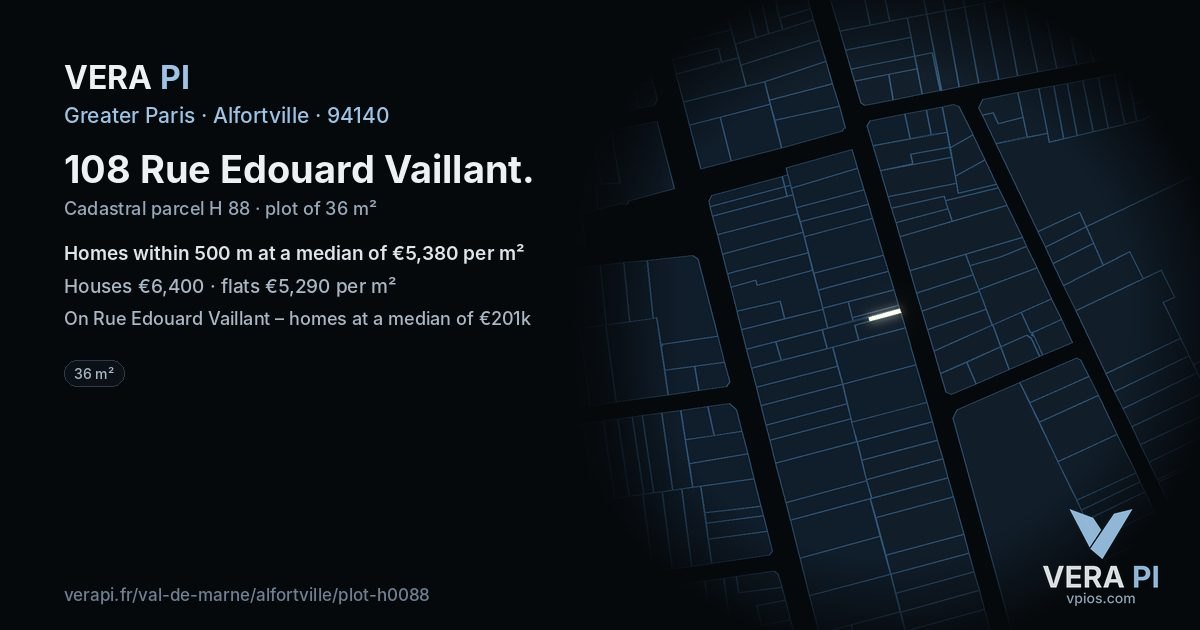 108 Rue Edouard Vaillant, Alfortville at night – the plot lit, the parcels around coloured by the prices near them