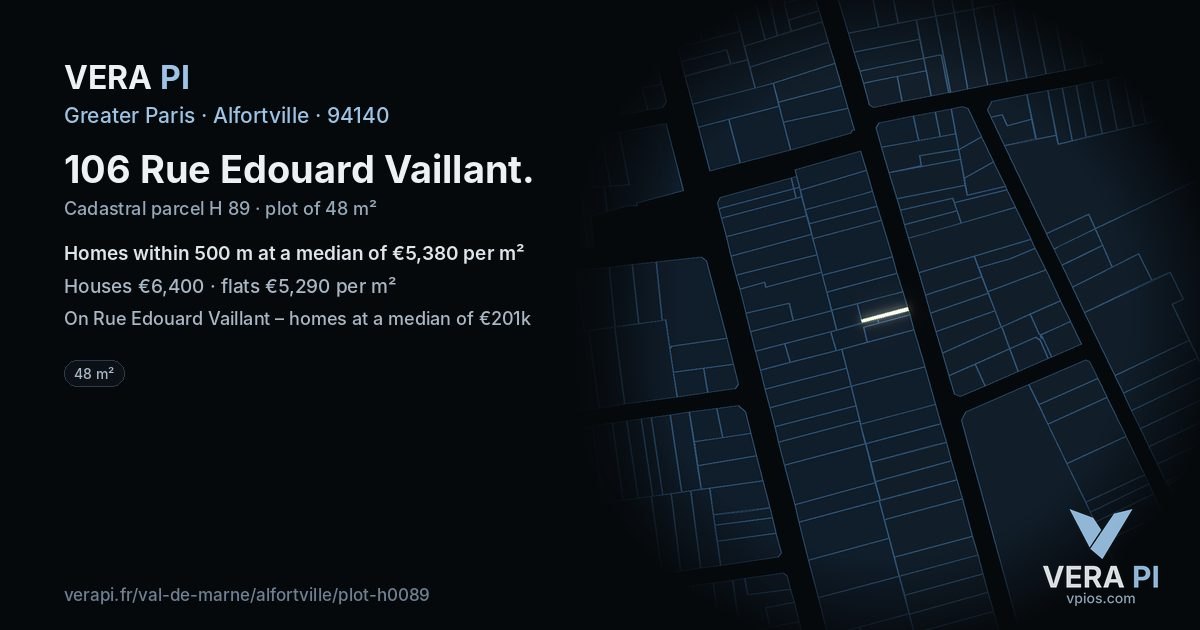106 Rue Edouard Vaillant, Alfortville at night – the plot lit, the parcels around coloured by the prices near them