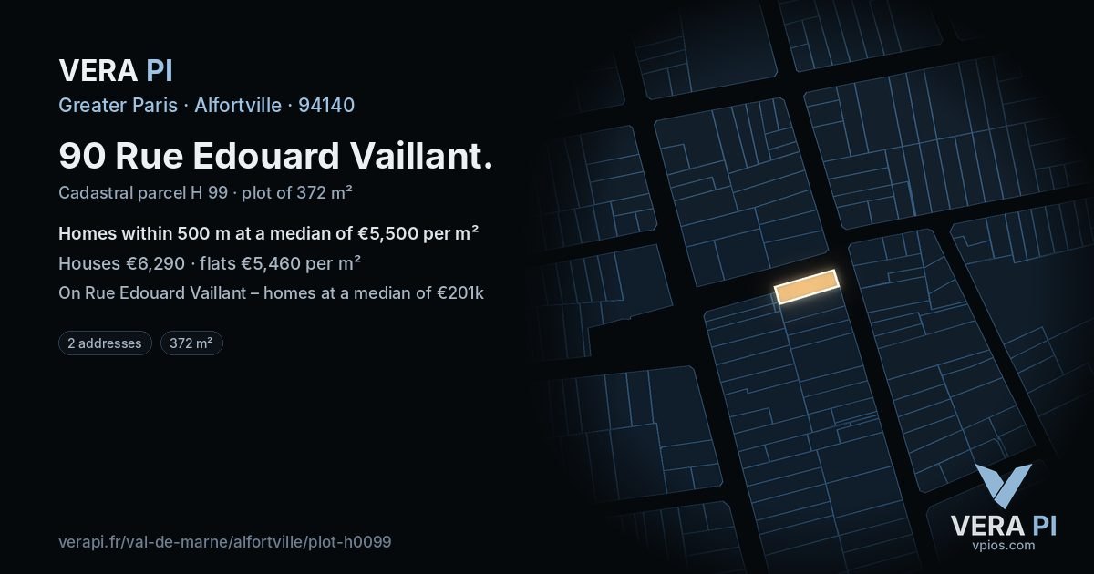 90 Rue Edouard Vaillant, Alfortville at night – the plot lit, the parcels around coloured by the prices near them