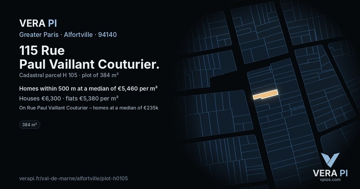 115 Rue Paul Vaillant Couturier, Alfortville at night – the plot lit, the parcels around coloured by the prices near them