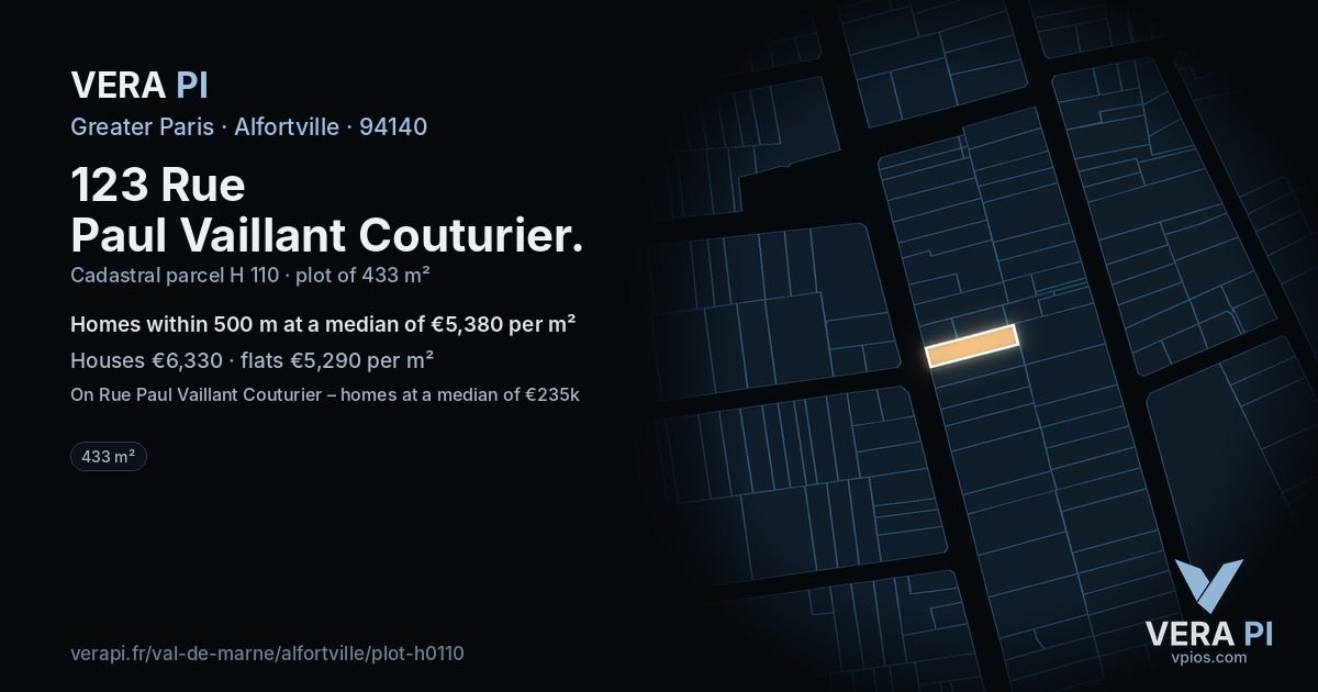 123 Rue Paul Vaillant Couturier, Alfortville at night – the plot lit, the parcels around coloured by the prices near them