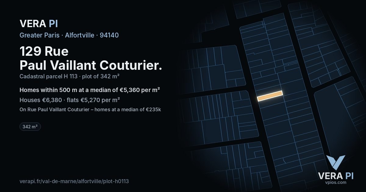 129 Rue Paul Vaillant Couturier, Alfortville at night – the plot lit, the parcels around coloured by the prices near them