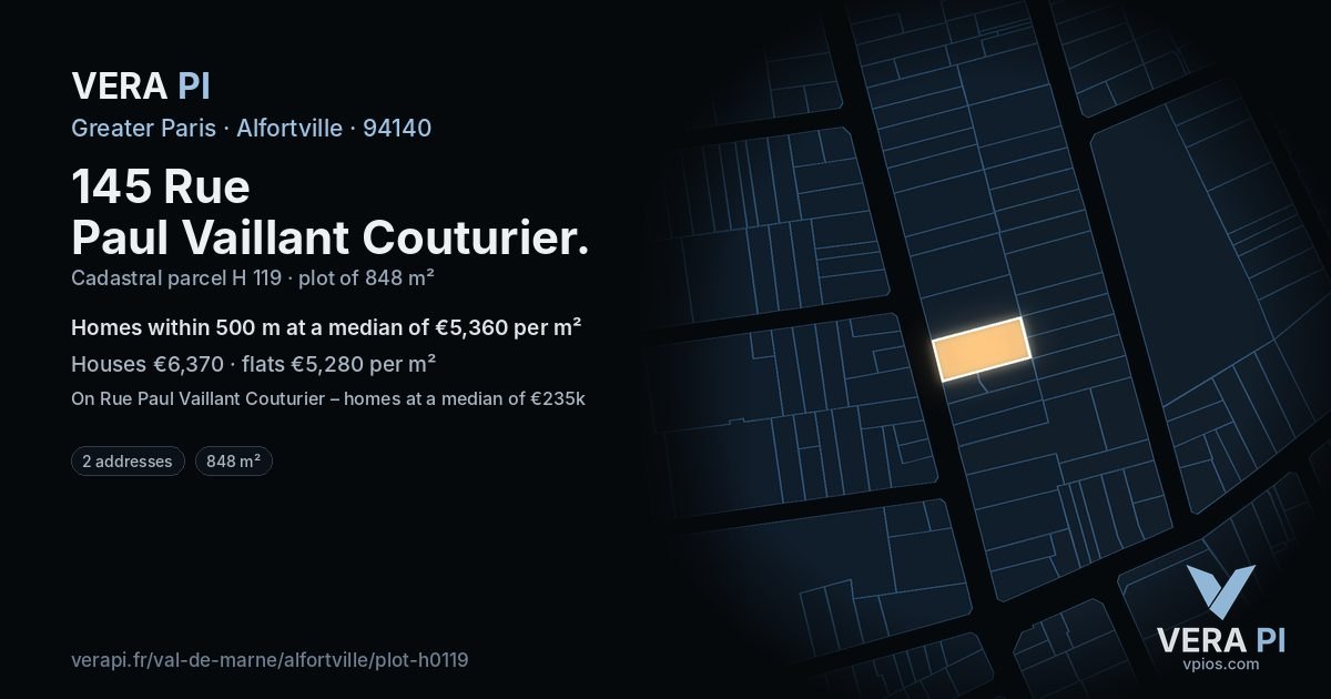 145 Rue Paul Vaillant Couturier, Alfortville at night – the plot lit, the parcels around coloured by the prices near them