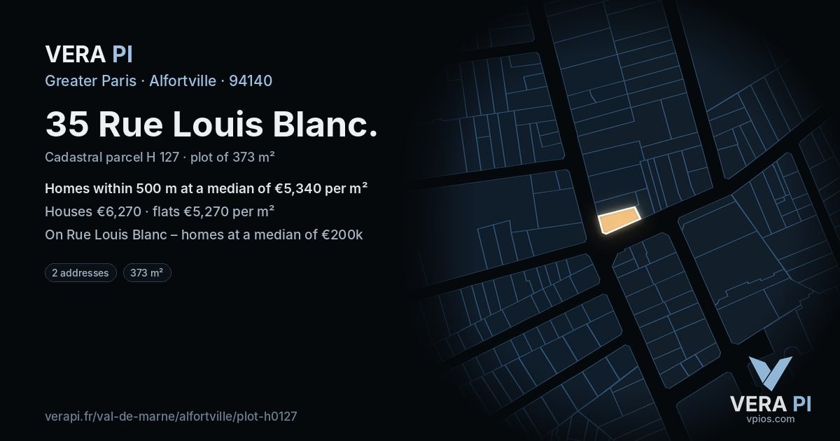 35 Rue Louis Blanc, Alfortville at night – the plot lit, the parcels around coloured by the prices near them